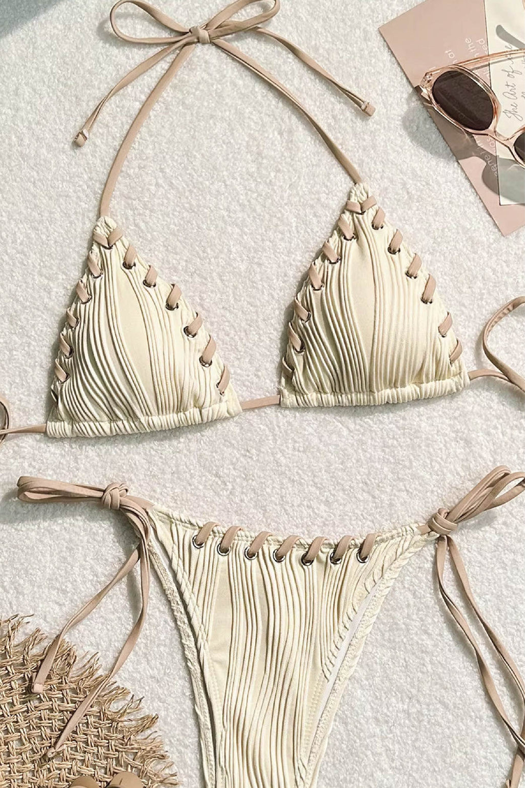 Textured Pleated Triangle Bikini Set – Lace-Up Trim Halter Top & String Bottom | Cream Ivory