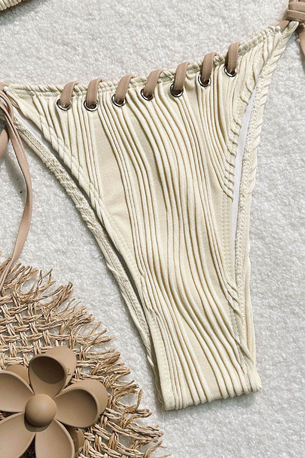 Textured Pleated Triangle Bikini Set – Lace-Up Trim Halter Top & String Bottom | Cream Ivory