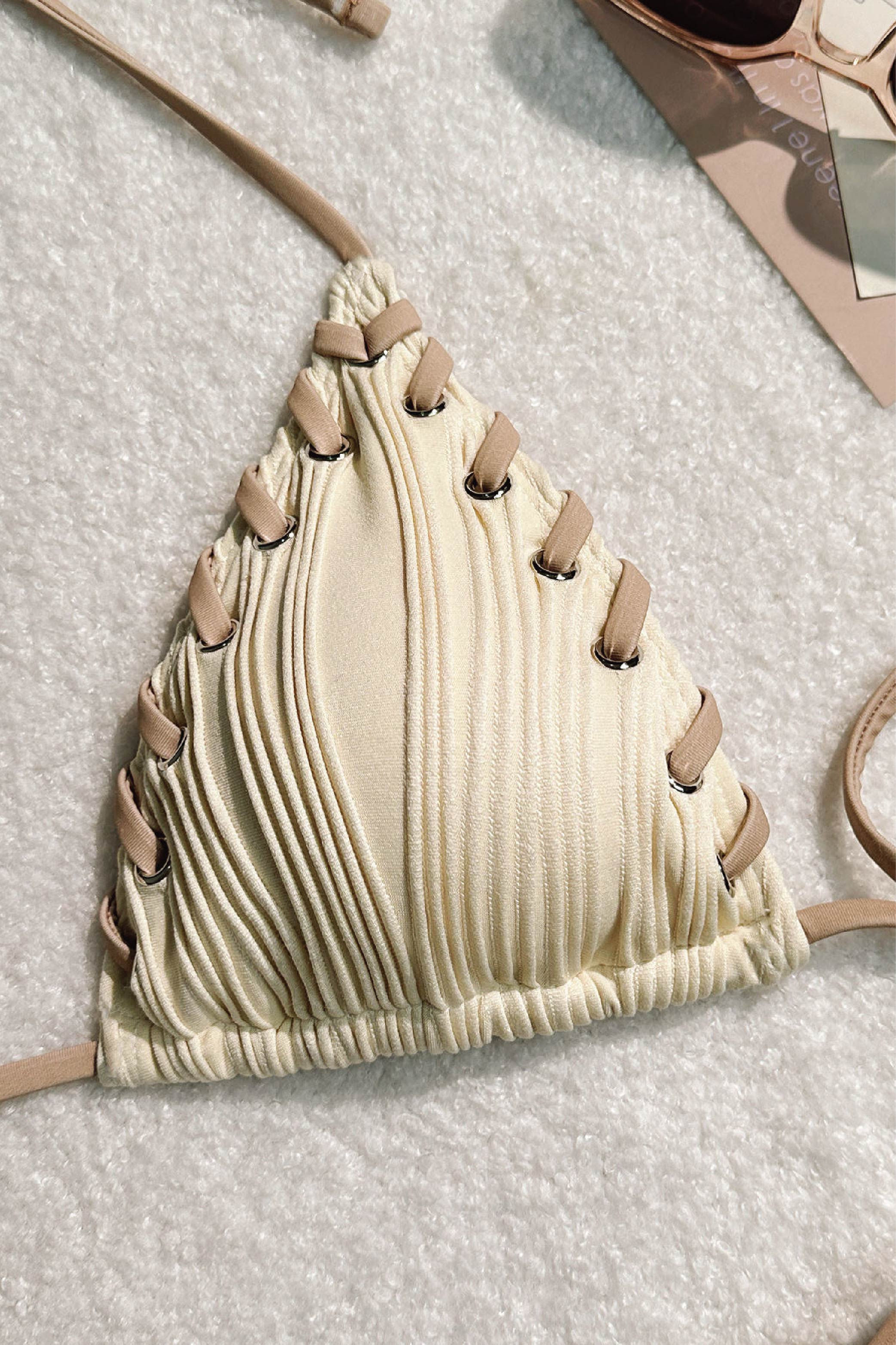 Textured Pleated Triangle Bikini Set – Lace-Up Trim Halter Top & String Bottom | Cream Ivory