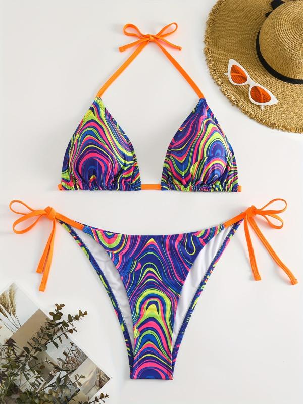 Psychedelic Swirl Triangle Bikini Set with Neon Orange Ties
