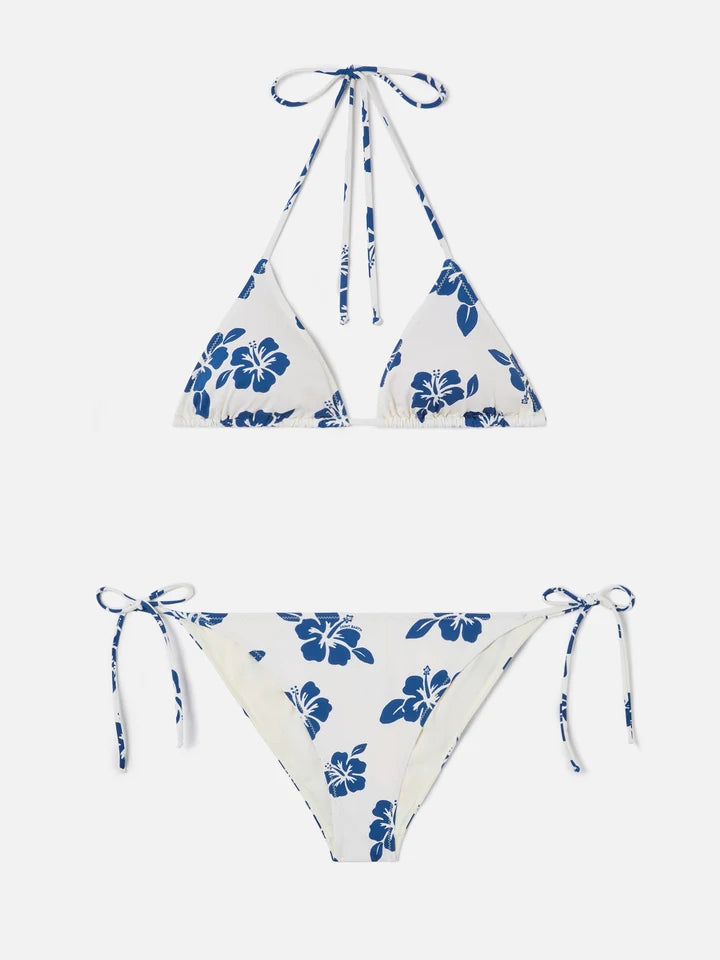 Hibiscus Print Triangle Bikini Set in Ivory and Cobalt