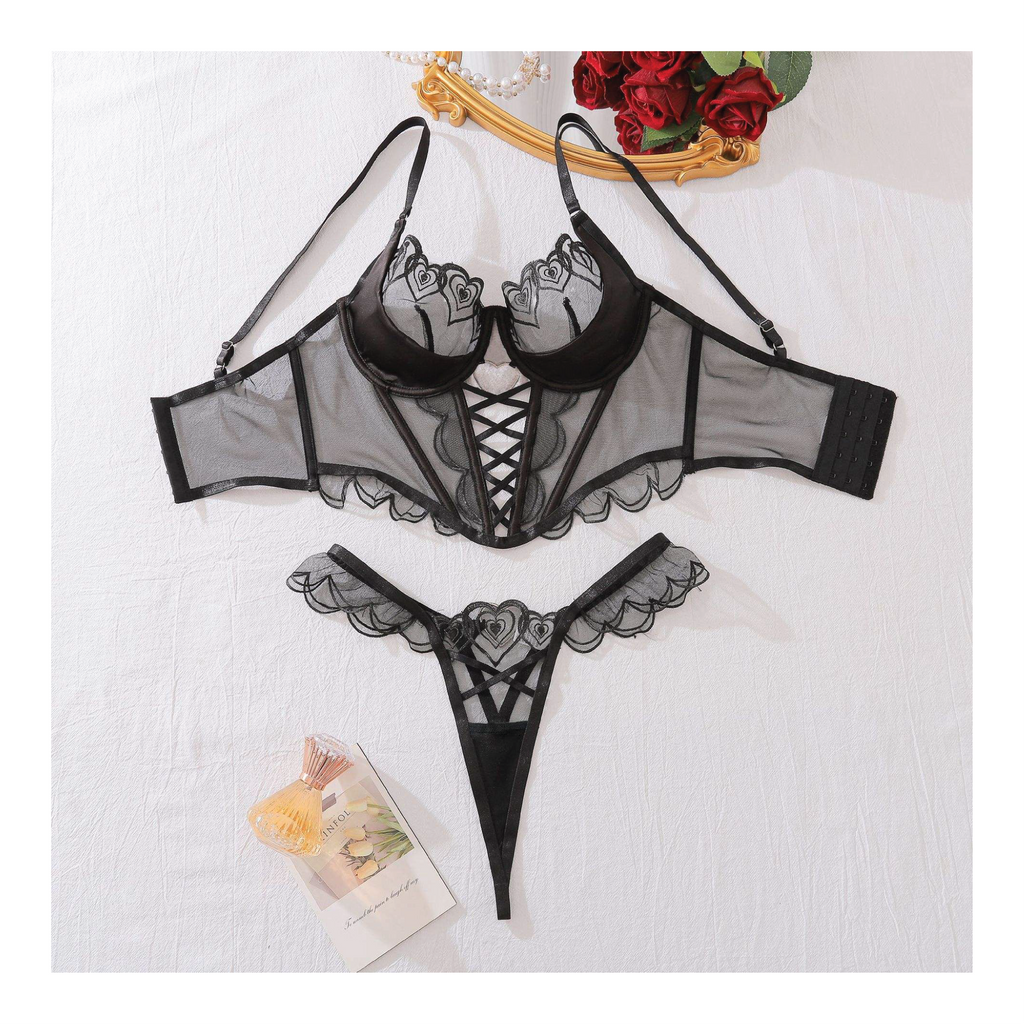 Heart Embroidered Mesh Corset Bra & Thong Set – Sheer Black Lace-Up Lingerie