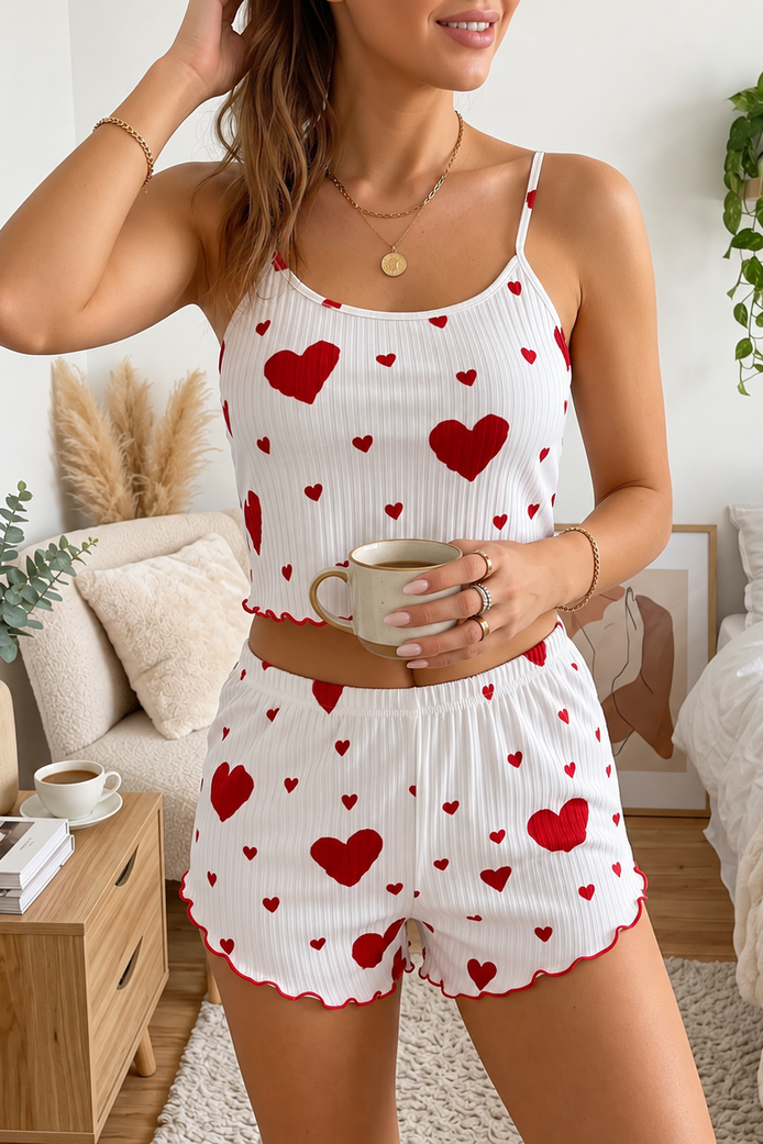 Heart Print Ribbed Cami and Shorts Pyjama Set