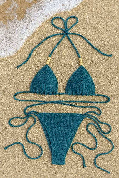 Teal Crochet Triangle Bikini Set with Wooden Bead Detail