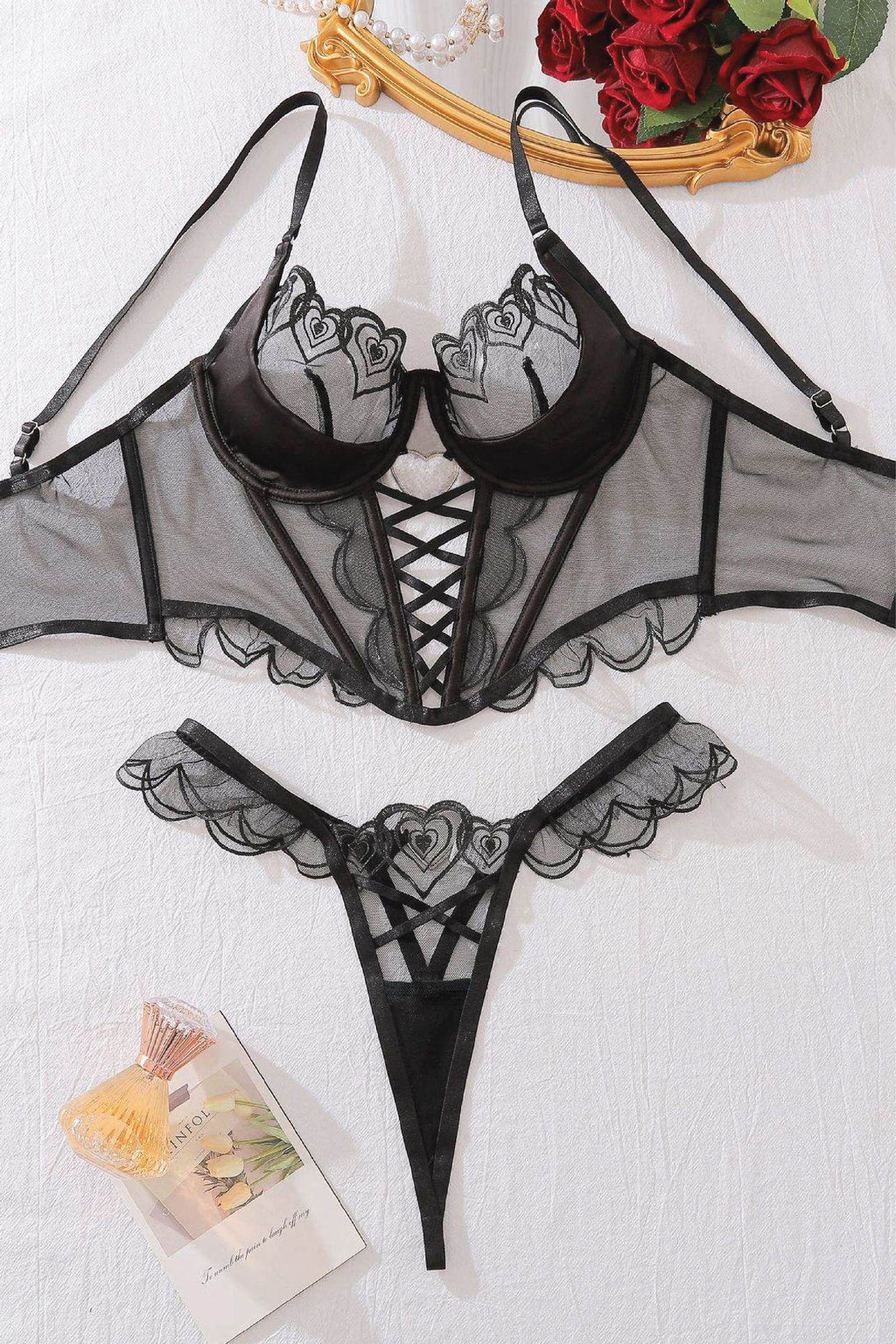 Heart Embroidered Mesh Corset Bra & Strappy Brief Set – Black Lace-Up Luxury Lingerie