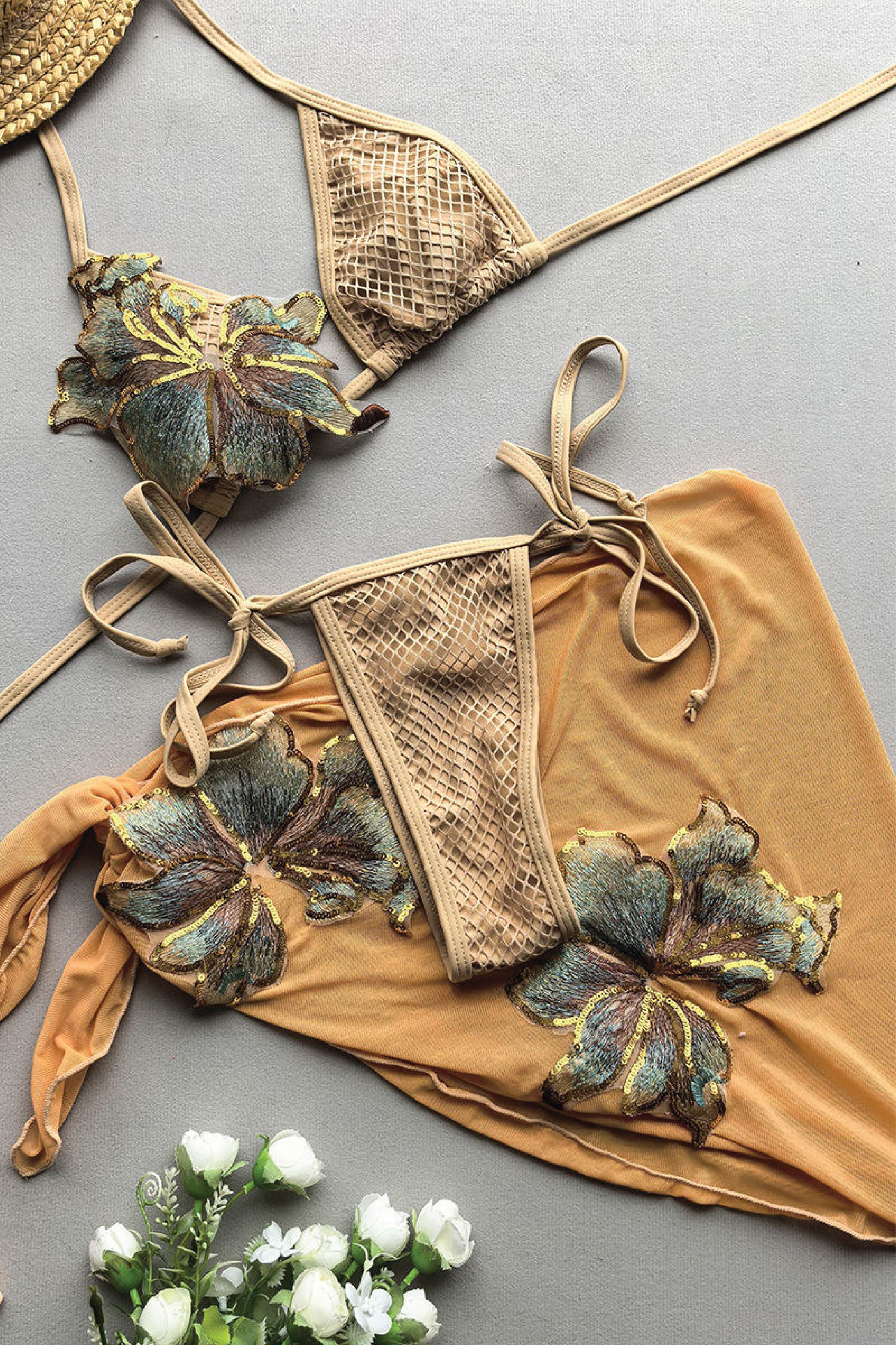 Hibiscus Appliqué Mesh Bikini & Wrap Skirt 3-Piece Set – Gold Tropical Swimwear Cover-Up